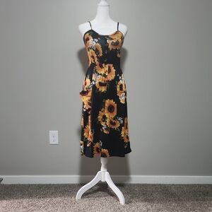 Sunflower Print Black Dress